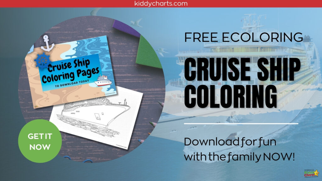 This is an advertisement for free eColoring cruise ship coloring pages, encouraging to download for family fun, with an anchor and ship graphics.