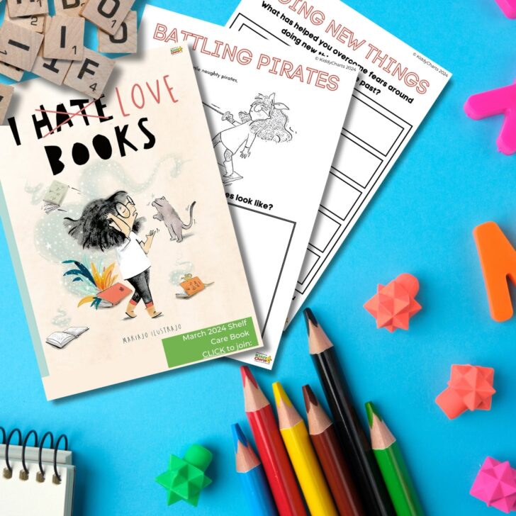 The image shows a colorful creative scene with children's activity sheets, a book titled 