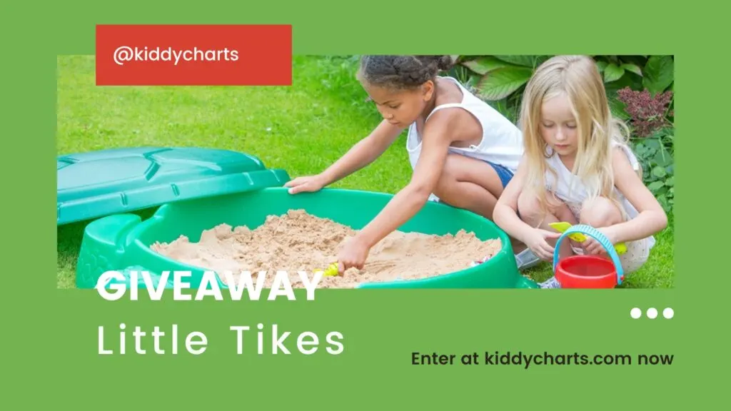 Two children play with sand in a green turtle sandbox. Promotional giveaway for Little Tikes advertised by KiddyCharts. Enter online instruction included.