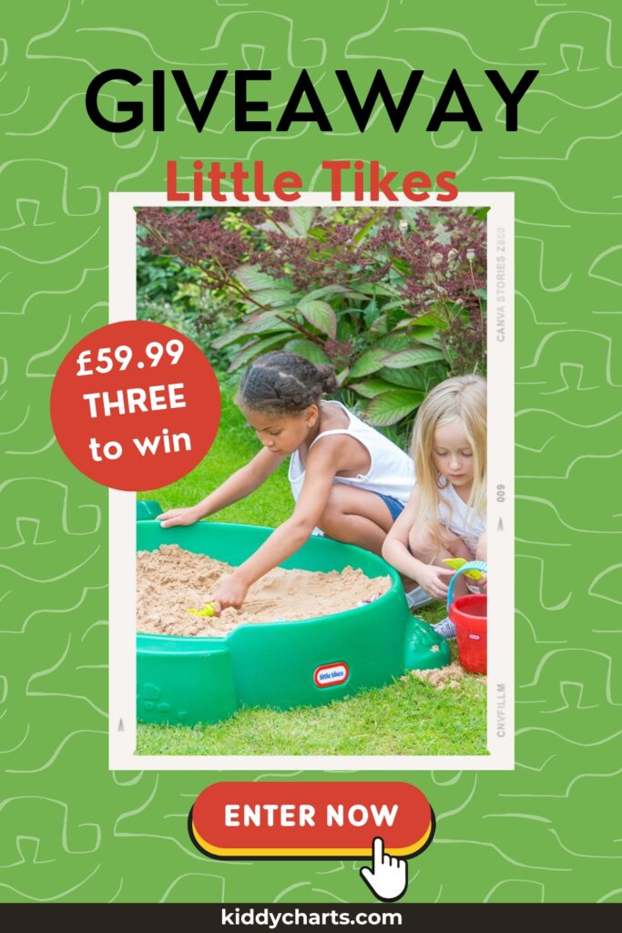 An advertisement featuring a giveaway for Little Tikes, showing two children playing in a green turtle sandbox worth £59.99, with a prompt to enter now.