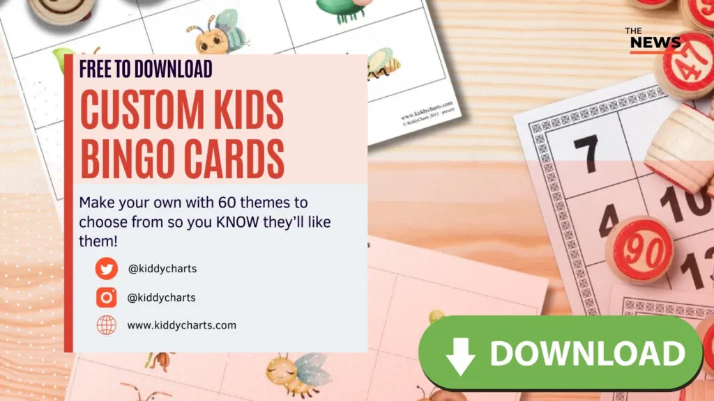 This image is an advertisement for free customizable kids' bingo cards with a download button, featuring sample cards and bingo tokens. Social media handles are included.