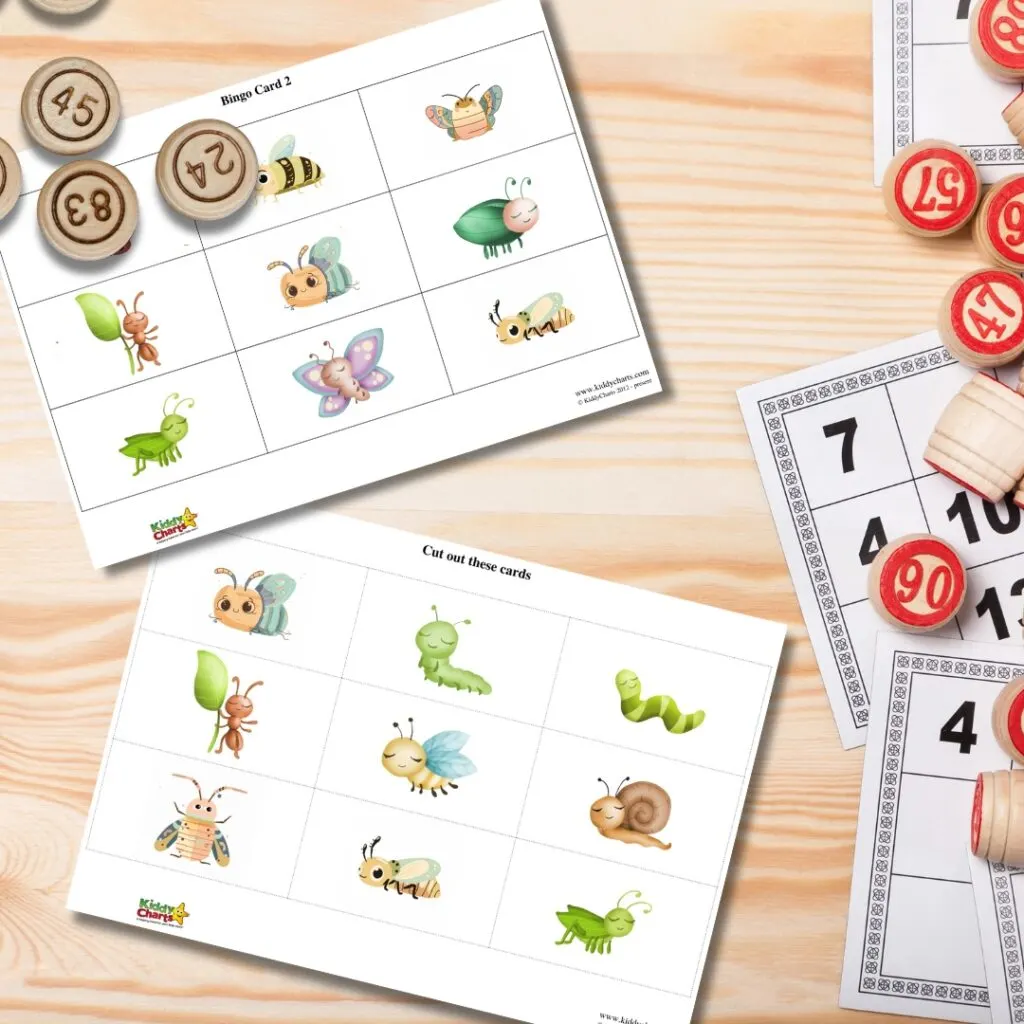 The image shows a kids' bingo game with cute insect illustrations on cards, alongside wooden bingo numbers and markers on a wooden surface.