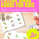 This image displays an advertisement for free, downloadable custom picture bingo cards for kids, featuring colorful illustrations of insects and a "60 THEMES" badge.