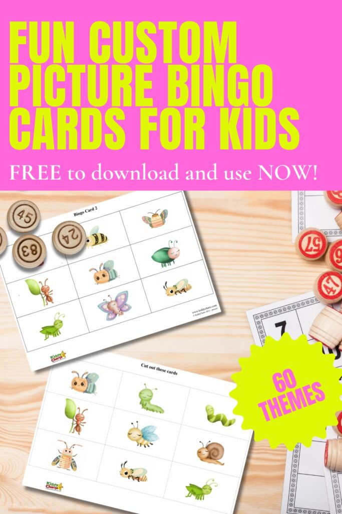 This image displays an advertisement for free, downloadable custom picture bingo cards for kids, featuring colorful illustrations of insects and a "60 THEMES" badge.