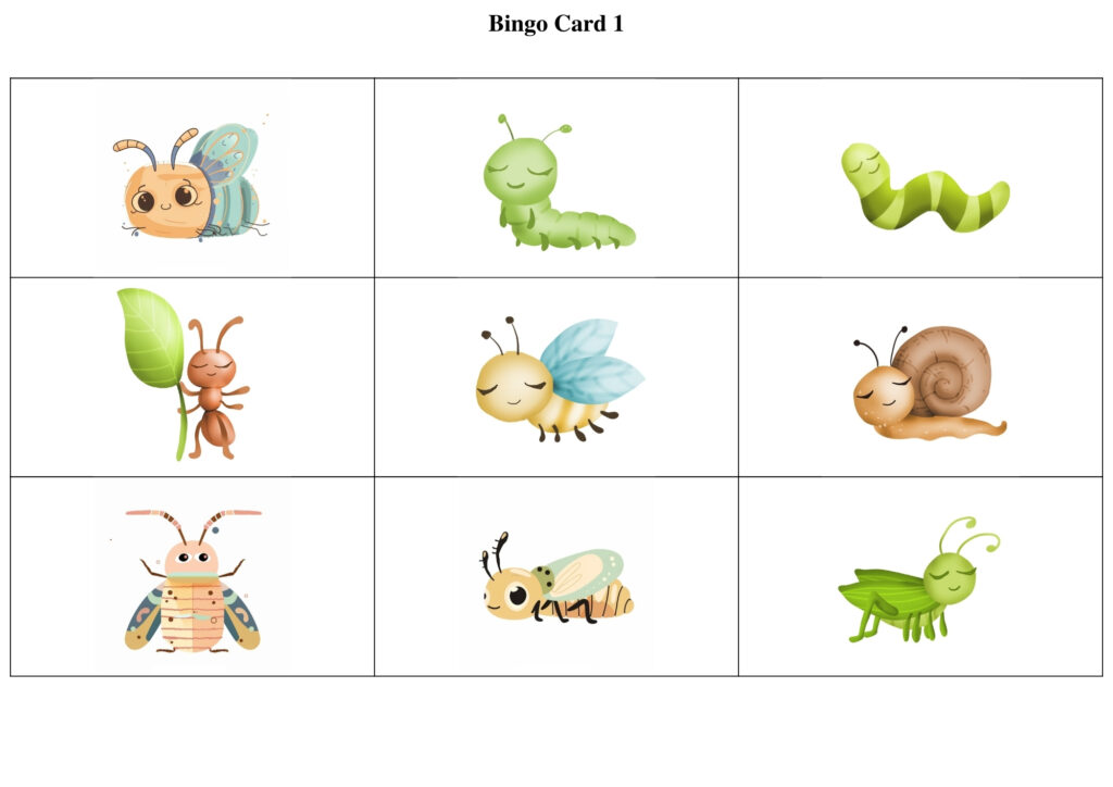 The image shows a "Bingo Card 1" with nine squares, each containing a cute, cartoonish illustration of a different insect or gastropod, like a bee or a snail.