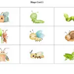 The image shows a "Bingo Card 1" with nine squares, each containing a cute, cartoonish illustration of a different insect or gastropod, like a bee or a snail.