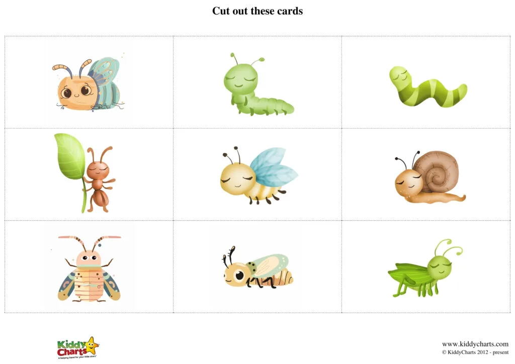 This image shows a collection of nine cute, stylized insect illustrations arranged in a 3x3 grid, intended to be cut out as cards.