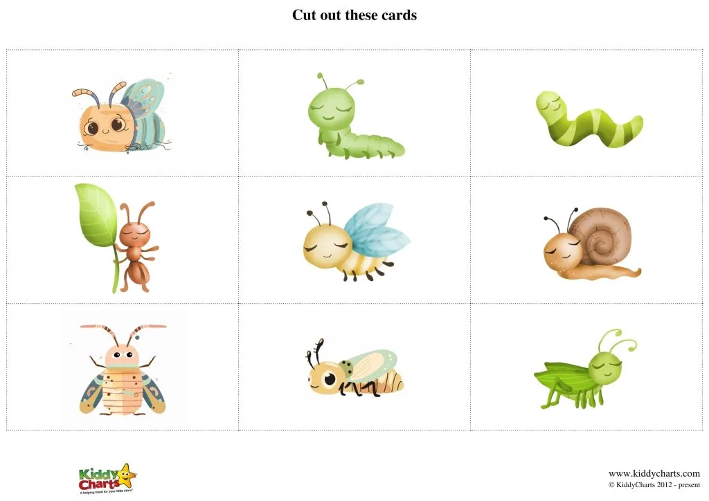 This image shows a collection of nine cute, stylized insect illustrations arranged in a 3x3 grid, intended to be cut out as cards.