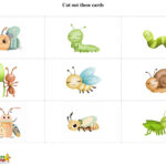 This image shows a collection of nine cute, stylized insect illustrations arranged in a 3x3 grid, intended to be cut out as cards.