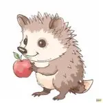 An illustrated image of a smiling, anthropomorphic hedgehog holding a red apple with a leaf attached. The character is standing upright on two feet.