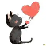An illustrated black cat sits, holding two heart-shaped balloons, one large and red, the other small. The cat looks happy, with closed eyes and whiskers forward.