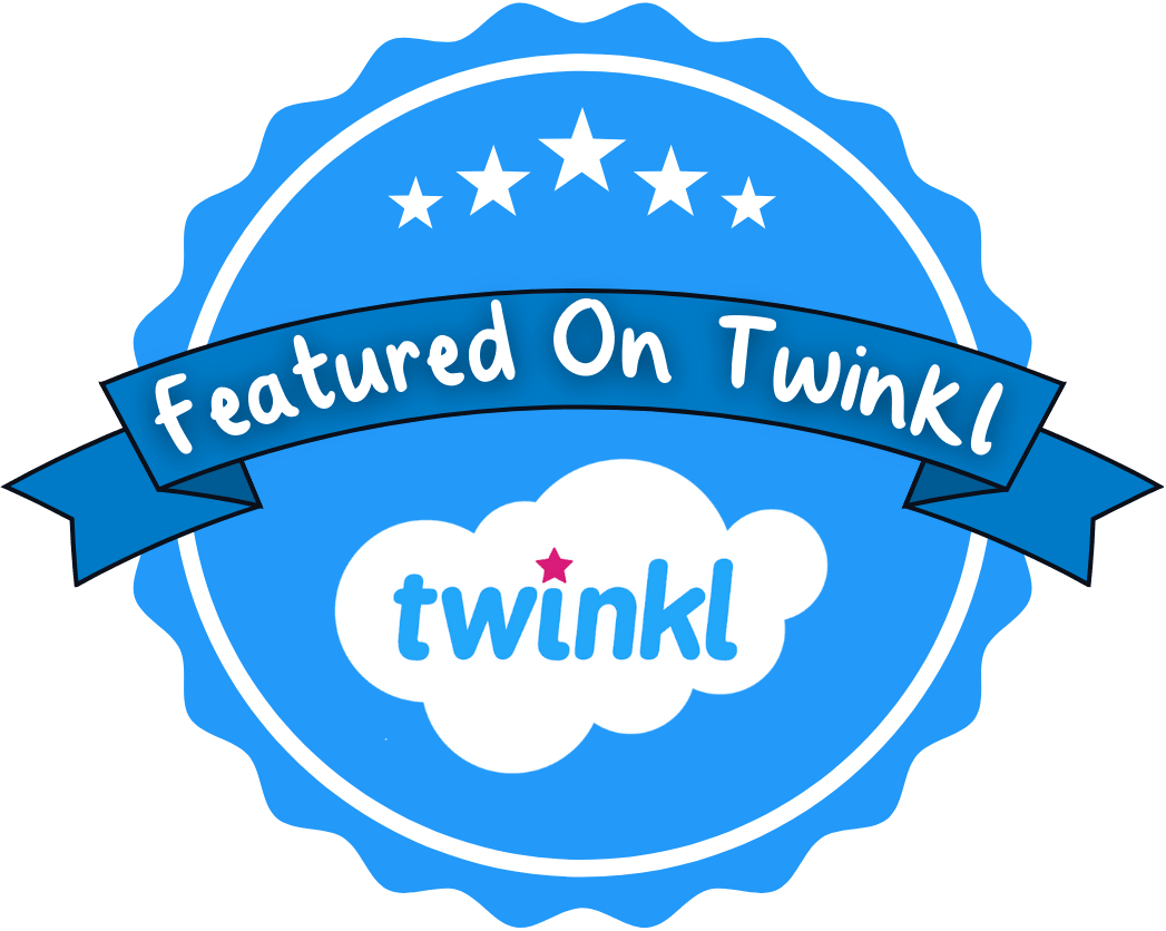 The image shows a blue badge with the text "Featured On Twinkl" across a banner, surrounding a cloudy shape with the word "twinkl" and a star.