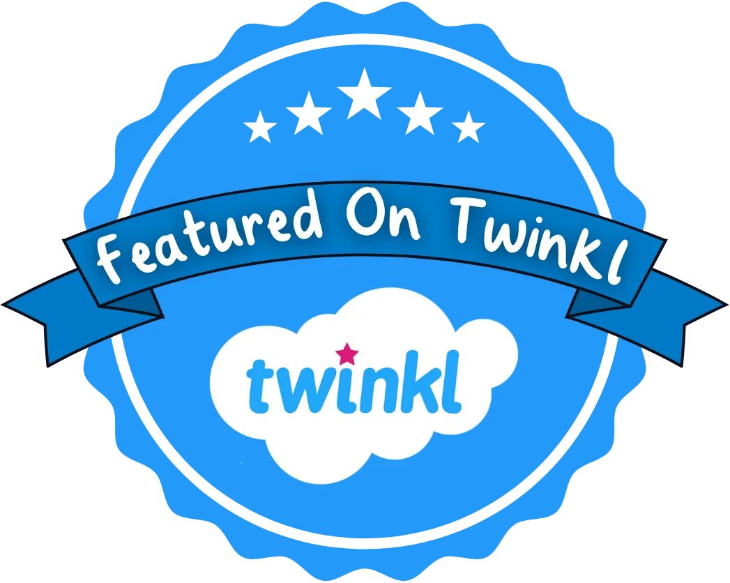 The image shows a blue badge with the text "Featured On Twinkl" across a banner, surrounding a cloudy shape with the word "twinkl" and a star.