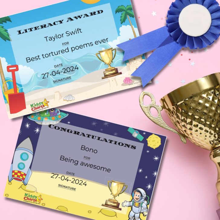 The image shows two colorful certificates, along with a blue ribbon and a golden trophy, against a pink background with playful accents and sparkles.