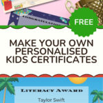This image is an advertisement for free customizable children's certificates featuring vibrant colors, playful fonts, beach imagery, trophies, and congratulatory messages.
