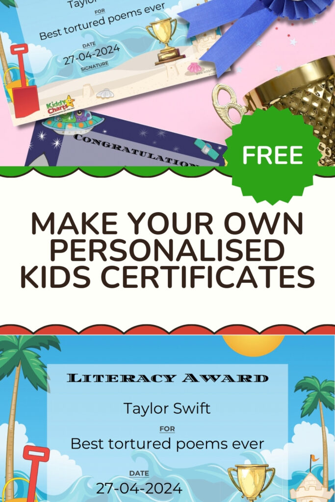 This image is an advertisement for free customizable children's certificates featuring vibrant colors, playful fonts, beach imagery, trophies, and congratulatory messages.