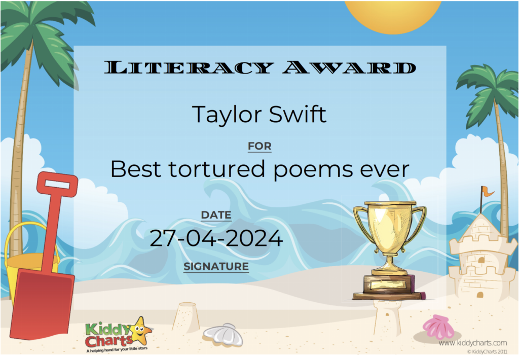 The image is a playful, beach-themed mock certificate titled "LITERACY AWARD," awarded to "Taylor Swift" for "Best tortured poems ever," dated 27-04-2024.