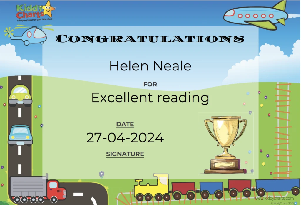 A colorful certificate from "KiddyCharts" congratulates Helen Neale for excellent reading, dated 27 April 2024, with playful transport and trophy graphics.