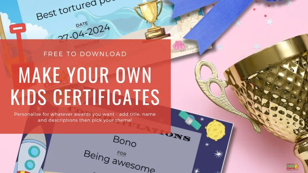 The image advertises custom downloadable certificates for kids, featuring editable fields, star graphics, a trophy, and a playful, colorful design.