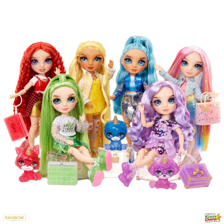 A group of colorful, fashionable dolls with styled hair and accessories, accompanied by cute animal figurines, are displayed against a white background.