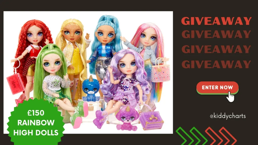 The image displays a collection of colorful Rainbow High dolls with accessories, promoting a giveaway valued at £150, encouraging participation through an "Enter Now" button.