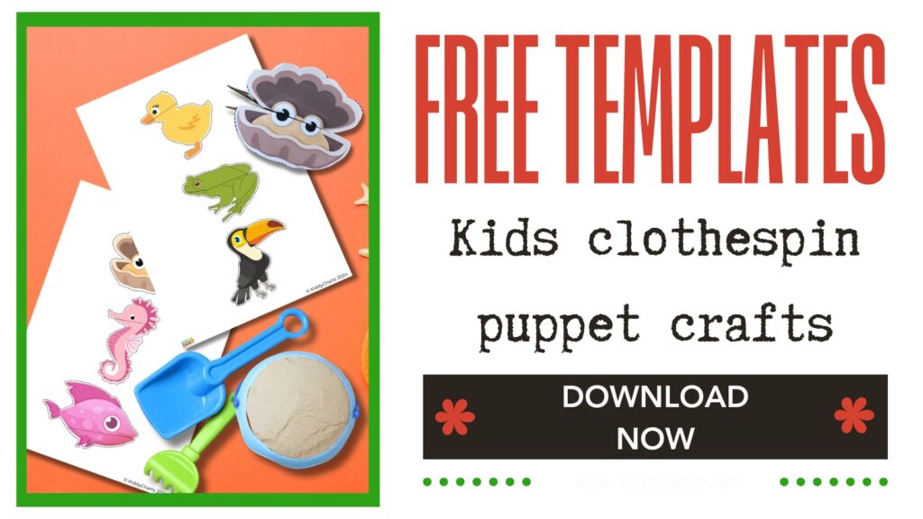 An advertisement offering free templates for children's clothespin puppet crafts, featuring images of animals, with a call to action to download now.