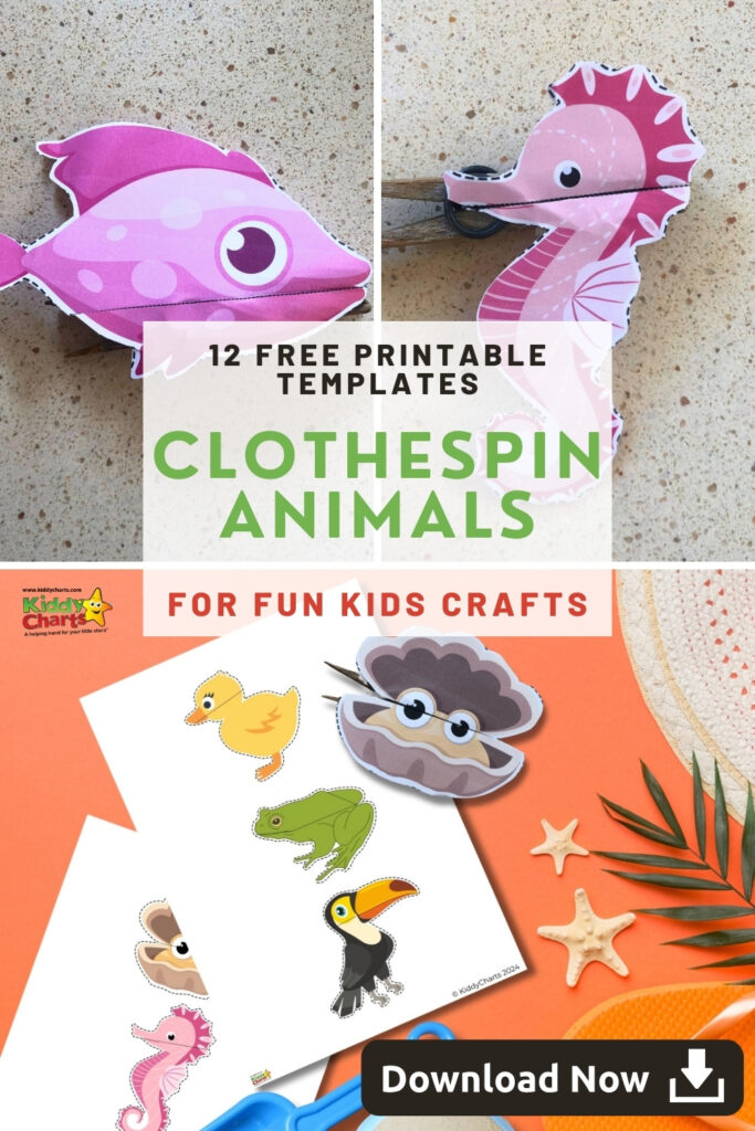 The image features a promotional poster for 12 free printable clothespin animal templates, including cut-out crafts of a fish and seahorse, for children's activities.