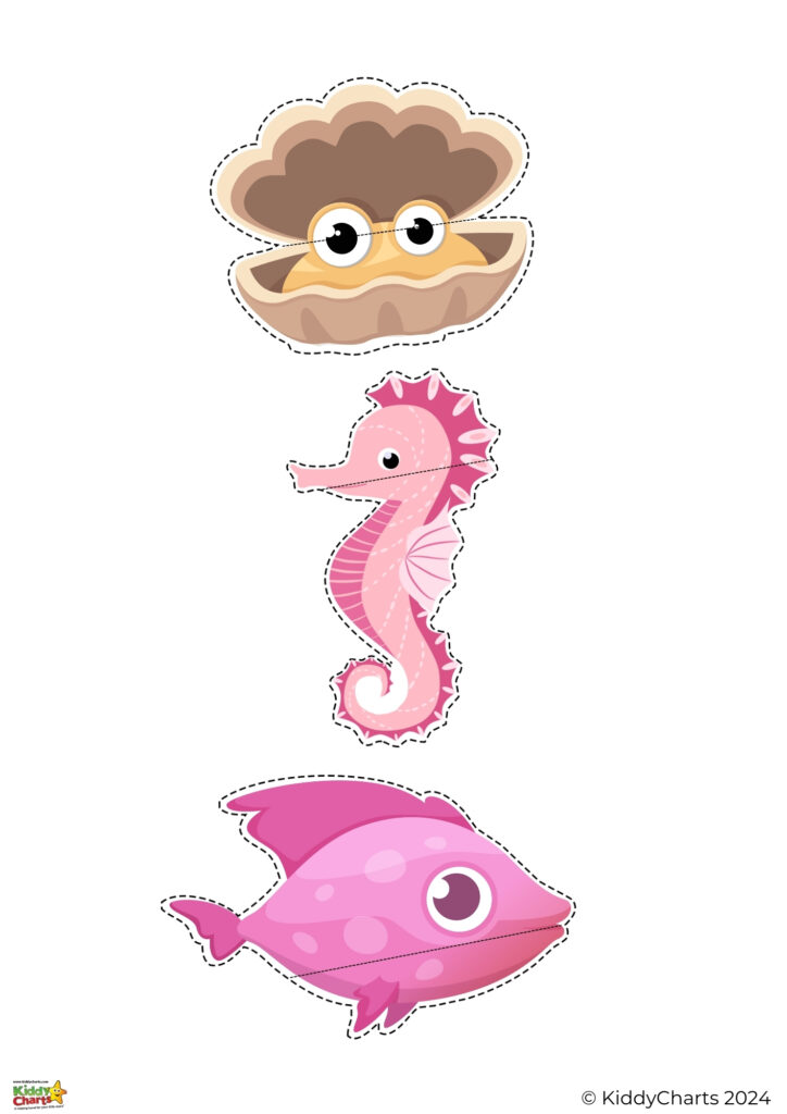 The image displays three stylized sea creatures: a brown clam with large eyes, a pink seahorse, and a pink fish with polka dots.