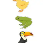 The image shows cartoon stickers of a yellow duckling, a green frog, and a colorful toucan with a large beak. They are cute and kid-friendly.