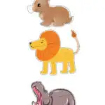 This image shows three cartoon stickers of animals: a brown rabbit, a yellow lion with an orange mane, and a gray hippopotamus with an open mouth.