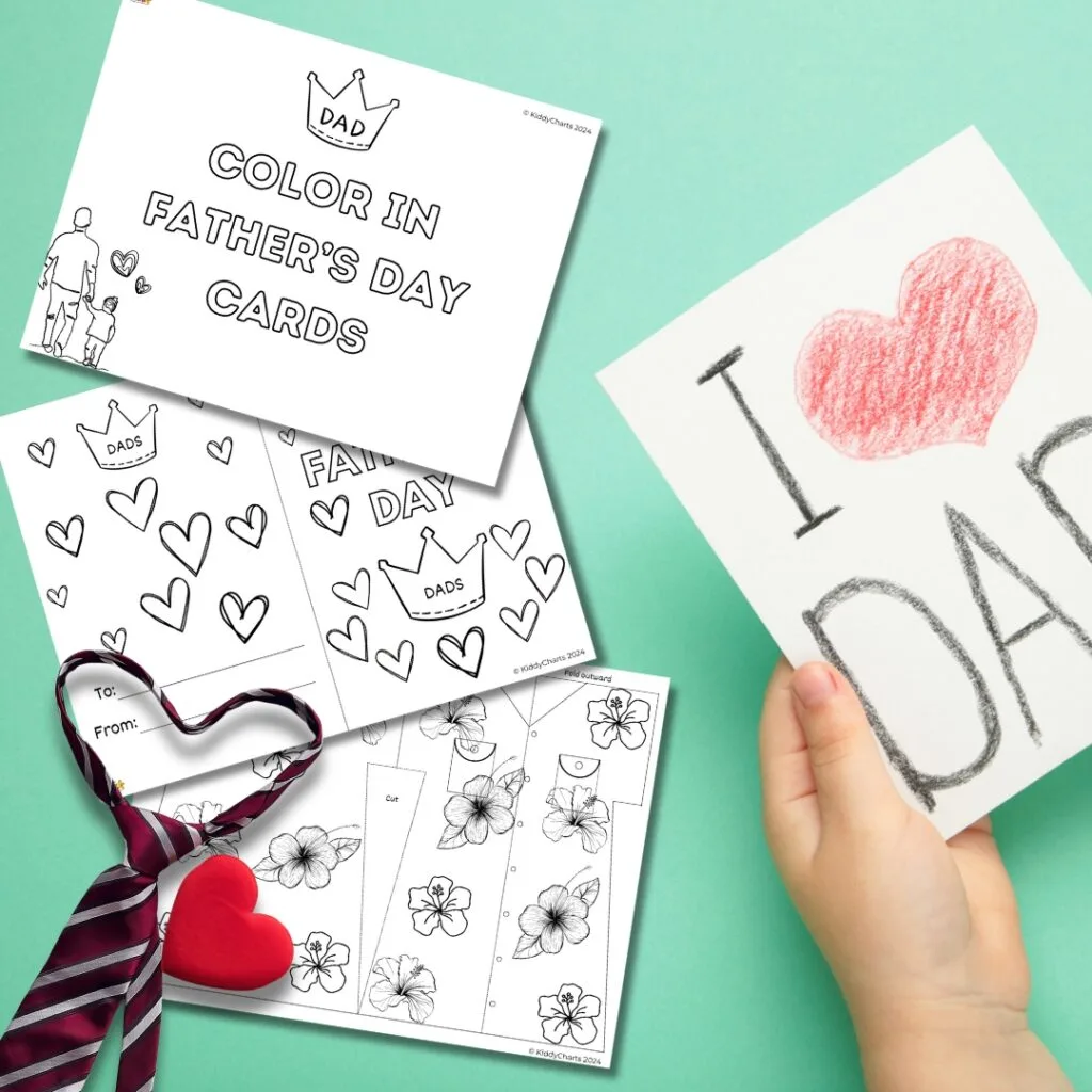 A child's hand holds a colored "I [heart] DAD" card. Printable Father's Day cards, a tie, and a heart decoration are also visible on a teal background.