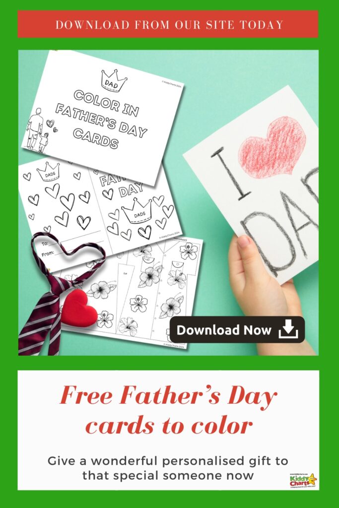 This image is an advertisement for free, downloadable Father's Day cards to color, featuring a child's hand holding a colored card, a tie, and sample cards.