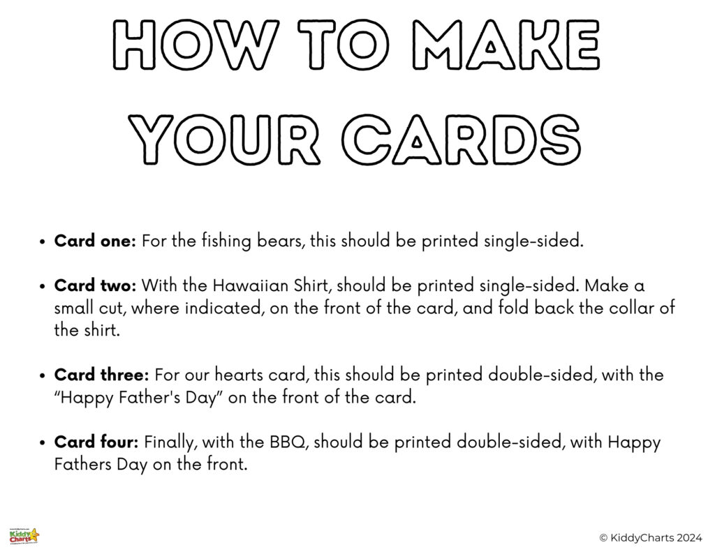 The image is a black and white text-based instructional guide titled "HOW TO MAKE YOUR CARDS," detailing steps for creating four different themed Father's Day cards.