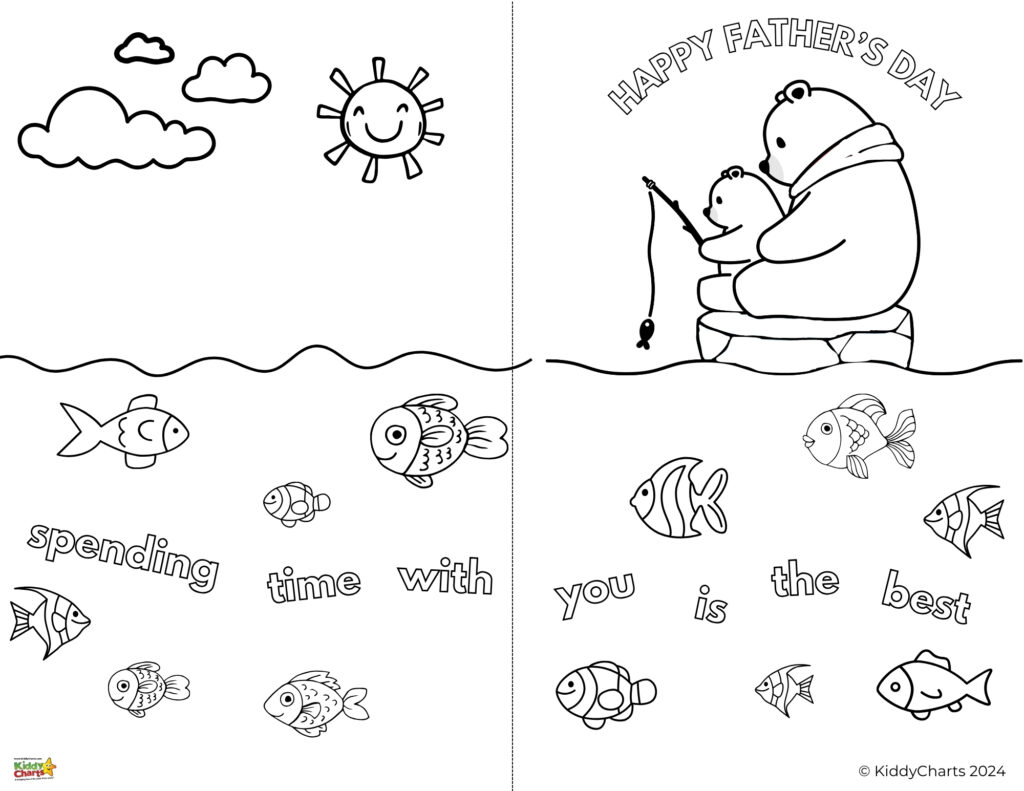 The image is a black and white coloring page with two bears fishing and the message "Happy Father's Day - spending time with you is the best".