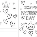 The image is a coloring page for Father's Day featuring hearts, a crown with "DAD" written inside, and a "HAPPY FATHER'S DAY" message, with spaces for "To:" and "From:".