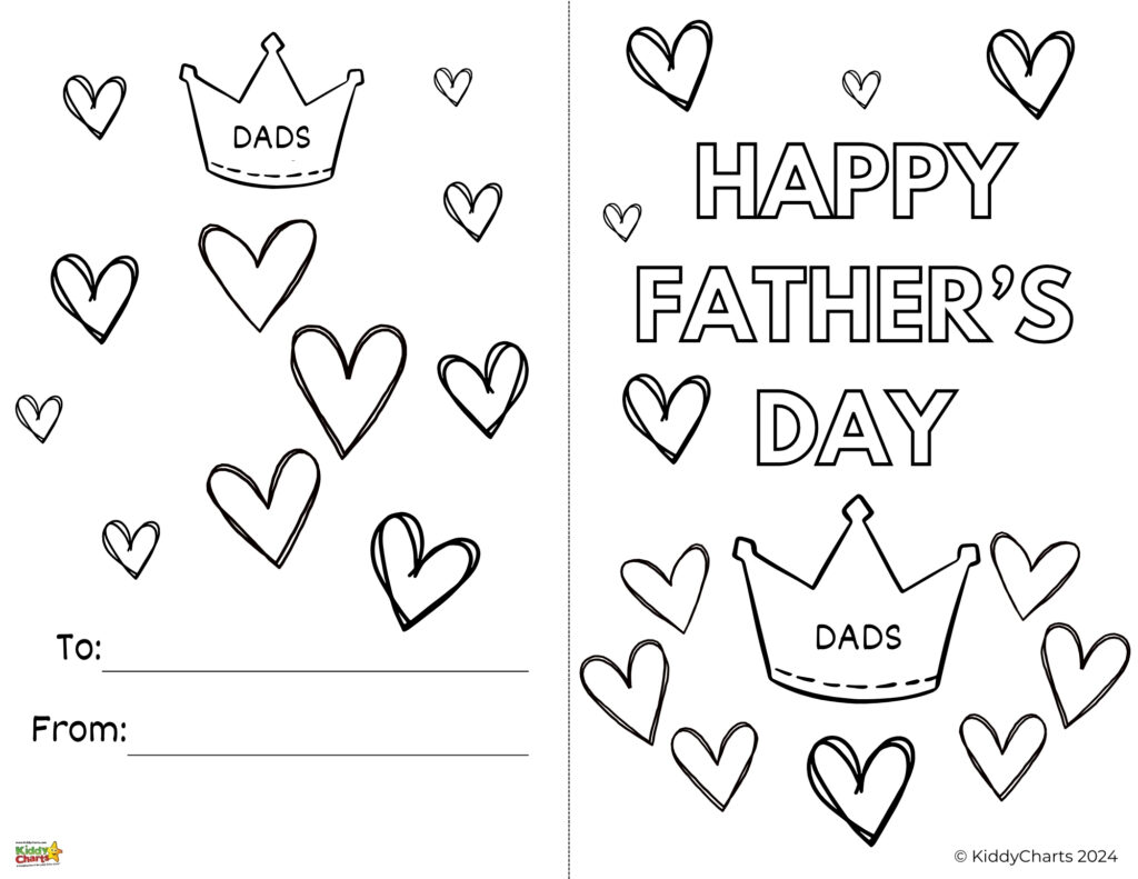 A black and white coloring card with a crown symbol, hearts, and "HAPPY FATHER'S DAY" message, with space to write "To" and "From."