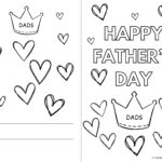 A black and white coloring card with a crown symbol, hearts, and "HAPPY FATHER'S DAY" message, with space to write "To" and "From."