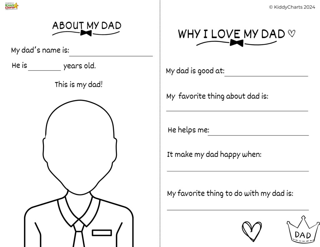 The image shows two activity sheets for children titled "About My Dad" and "Why I Love My Dad," featuring blank spaces for personal answers and a drawing.