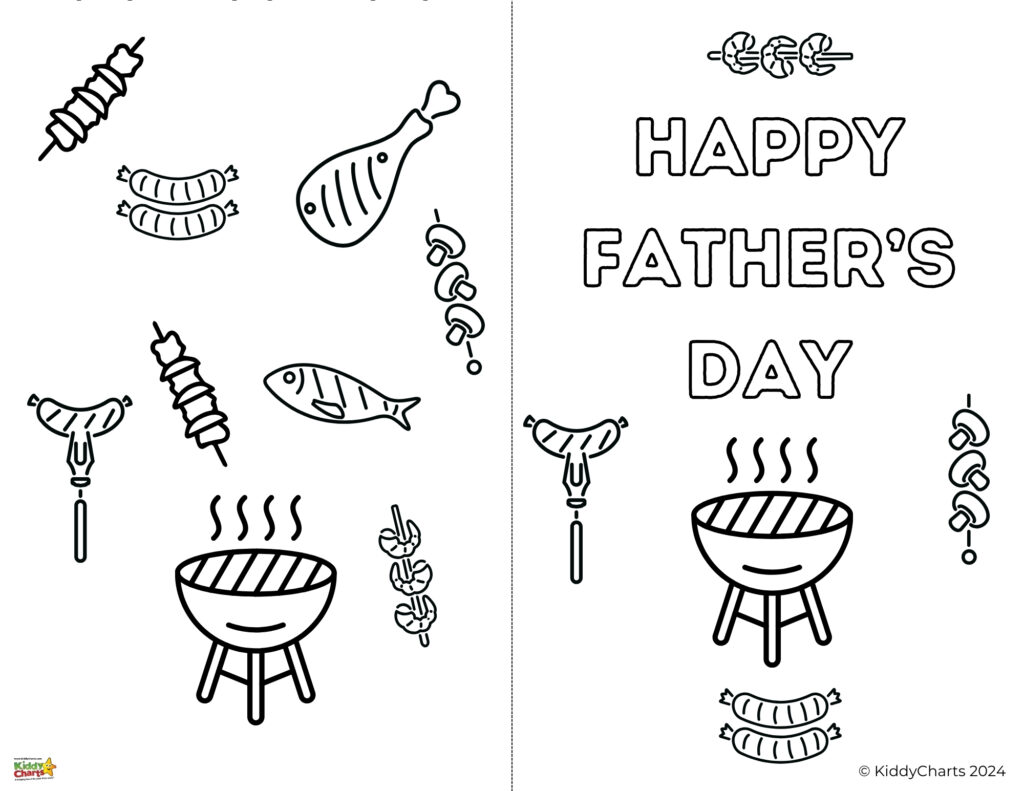 The image is a black and white coloring page for Father's Day, depicting various BBQ food items like kebabs, sausages, and fish, with a grill.