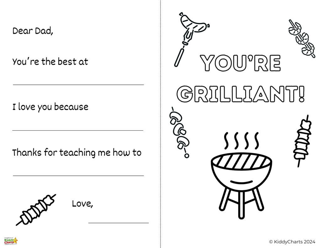 The image shows a Father's Day card template with a pun 'YOU'RE GRILLIANT' and barbecue-related illustrations, including lines for a personalized message.