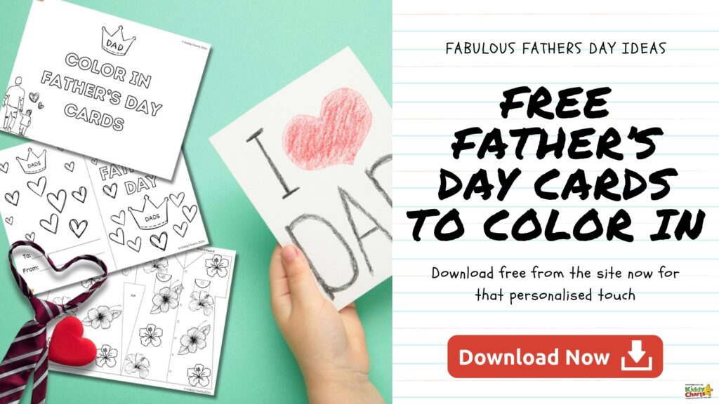 The image shows printable Father's Day cards to color, a child's hand holding a colored card, a necktie, and a heart-shaped object with a download button.
