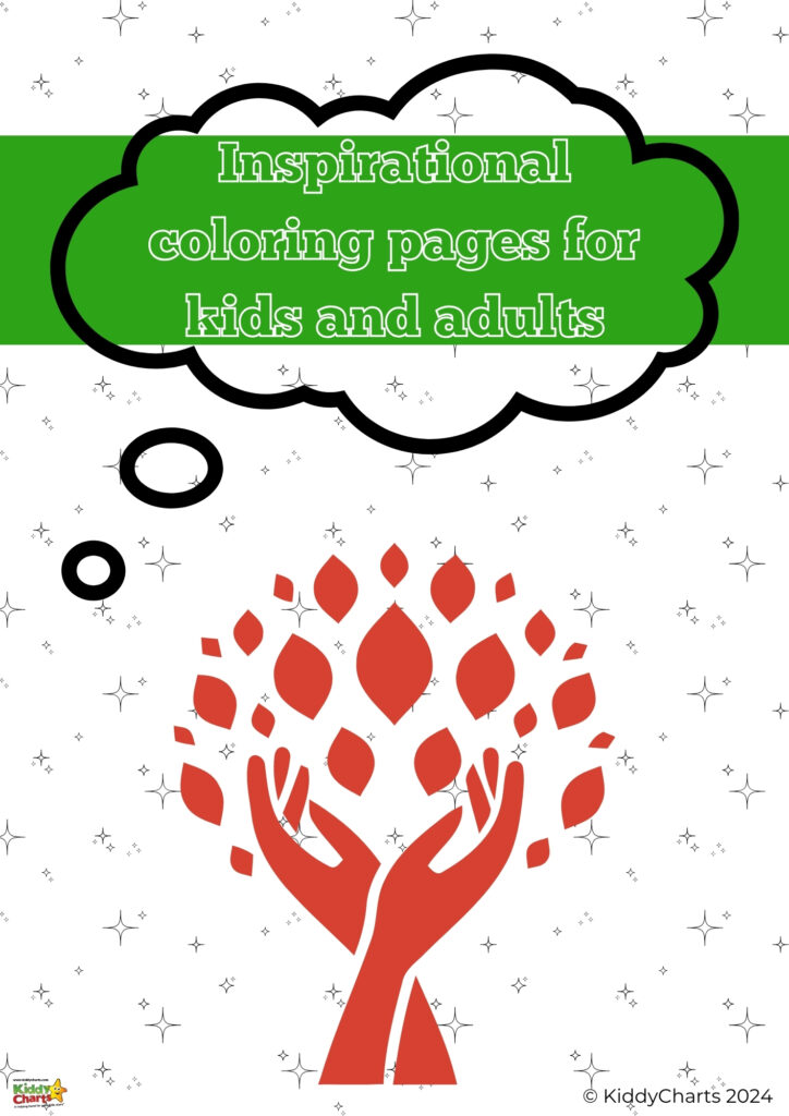 The image shows a graphic with text "Inspirational coloring pages for kids and adults," featuring stylized hands, red leaves, and a starry backdrop.