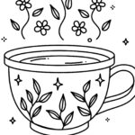This is a black and white coloring page featuring a decorated cup of a hot beverage, surrounded by flowers with the phrase "Brew Some Calm."