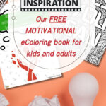 The image advertises a free motivational eColoring book, suggesting it's suitable for kids and adults, features line art, a light bulb, and crumpled paper.
