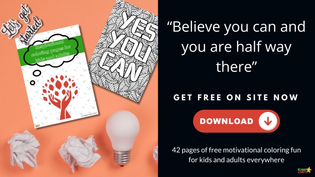 This image features promotional material for free motivational coloring pages with inspirational quotes, a light bulb, and crumpled paper balls on an orange background.