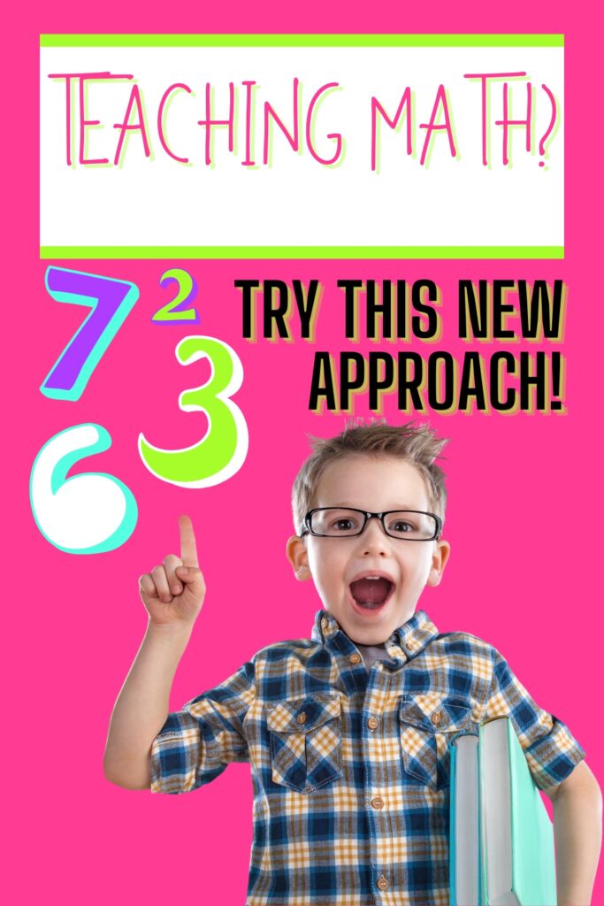 A young child with glasses is holding books, pointing upwards, excitedly. Background text suggests a new approach to teaching math with vibrant colors and numbers.