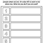 The image shows an activity sheet titled "SITTING WITH SADNESS," with the prompt for users to list what they do when sad.