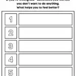This image is a worksheet with the title "AND MOVING ON" for listing five things that help one feel better when sad. It's from KiddyCharts 2024.