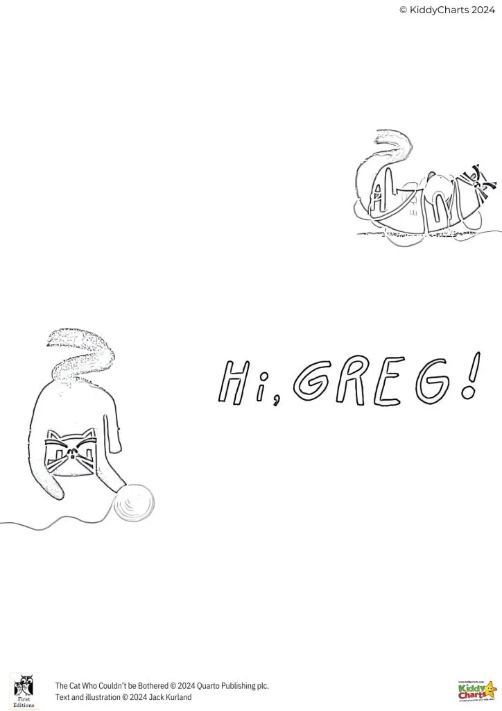 This image contains stylized line drawings of lazy-looking cats accompanied by the greeting "Hi, GREG!" with copyright and book title information at the bottom.