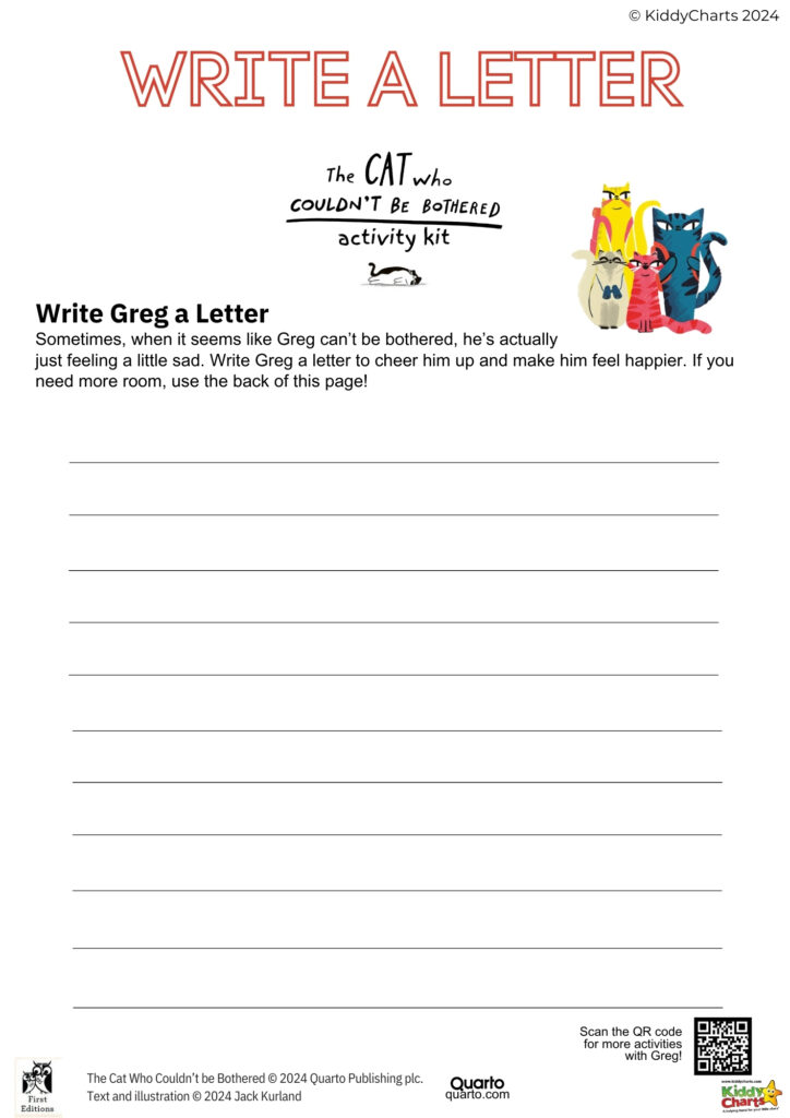 This image is a children's activity sheet titled "Write a Letter" featuring illustrations of colorful cats, inviting kids to write a letter to a character named Greg.